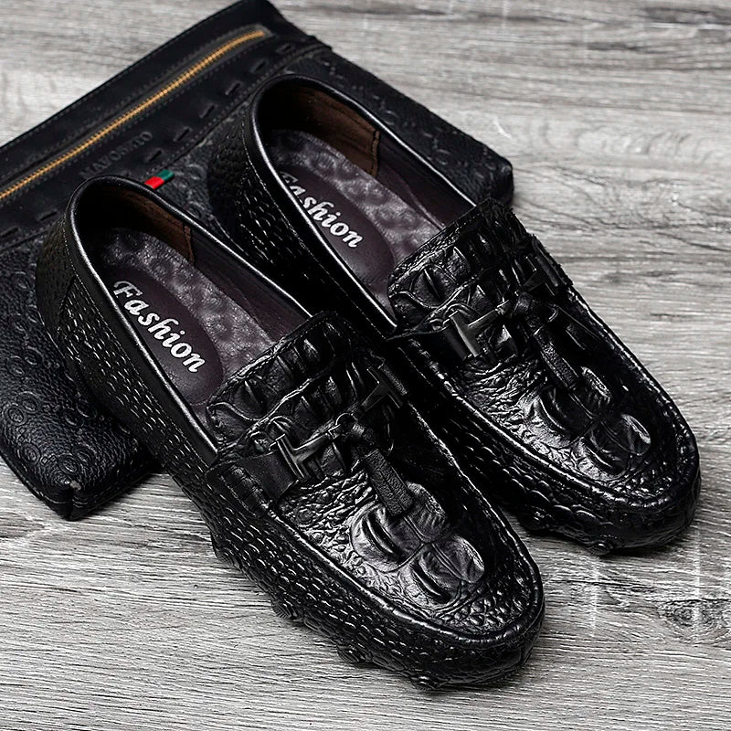 Luxury Genuine Leather Crocodile Style Loafers – Sheepskin Insole, Thick Bottom Driving Moccasins