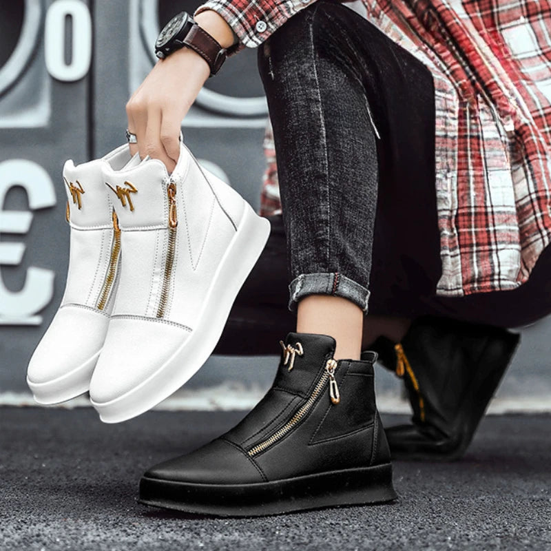 Men's High Top Zip Ankle Boots – Skateboard Style, Height Increasing, Korean Fashion Shoes