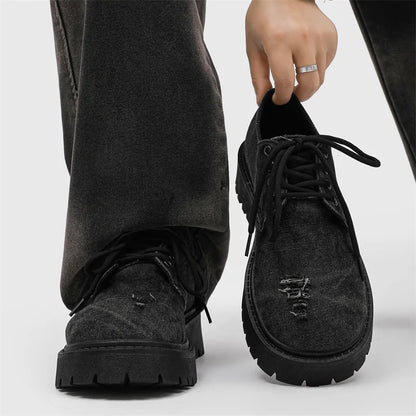 Men's Distressed Denim Derby Platform Boots – Chunky Grunge, Height Increasing, Streetwear Footwear