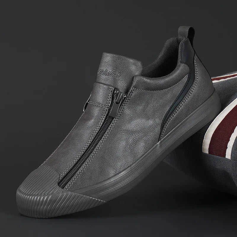 Men's Trendy PU Leather Soft Sole Casual Sneakers – Breathable, Height Increasing, Zip & Lace-Up