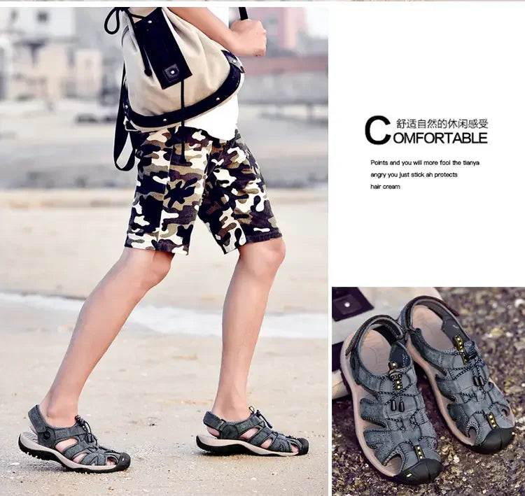 Men's Soft-Soled Leather Baotou Beach Sandals – Anti-Slip, Hollow Breathable, Casual Outdoor