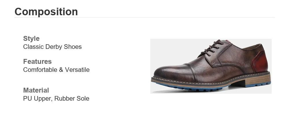 Men's Retro Cap Toe Oxford Derby Leather Shoes – Breathable, Height Increasing, Casual Fashion