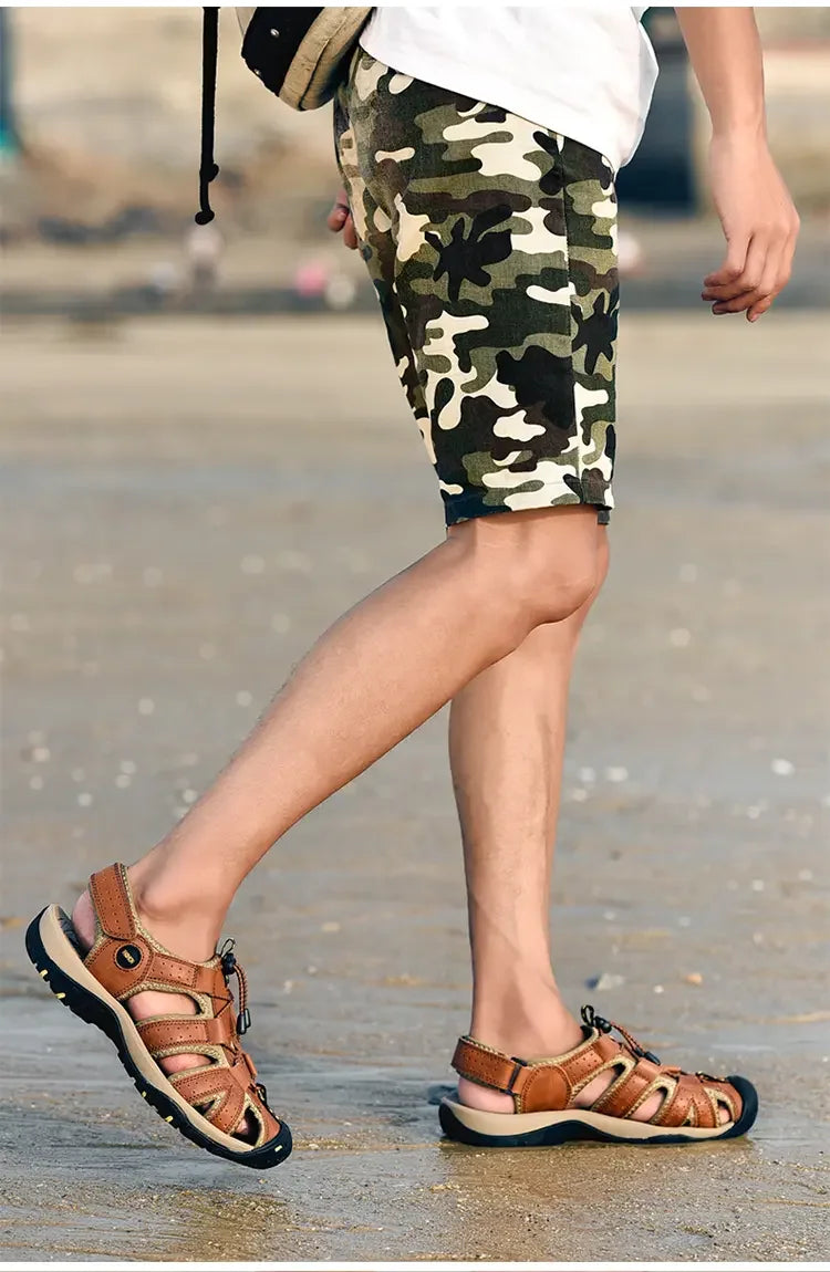 Men's Soft-Soled Leather Baotou Beach Sandals – Anti-Slip, Hollow Breathable, Casual Outdoor