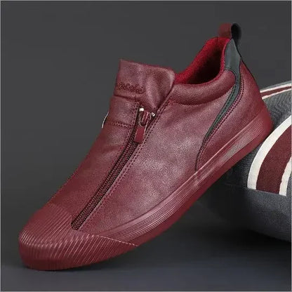 Men's Trendy PU Leather Soft Sole Casual Sneakers – Breathable, Height Increasing, Zip & Lace-Up