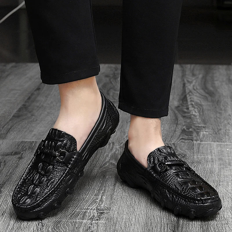 Luxury Genuine Leather Crocodile Style Loafers – Sheepskin Insole, Thick Bottom Driving Moccasins