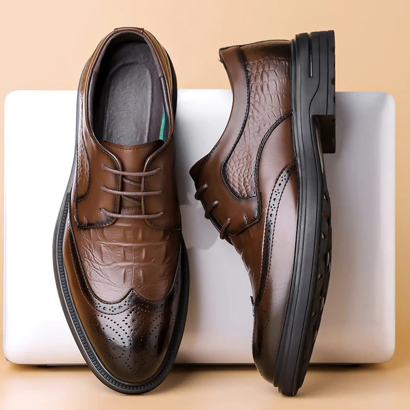 Men's Korean-Style Solid Cow Leather Brogue Shoes – Lace-Up, Height Increasing, Business Casual