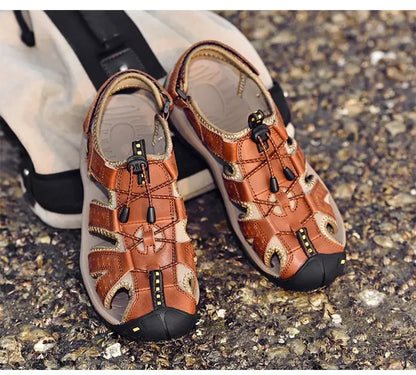 Men's Soft-Soled Leather Baotou Beach Sandals – Anti-Slip, Hollow Breathable, Casual Outdoor