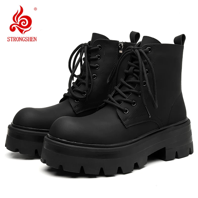 STRONGSHEN Men's High-Top Motorcycle Ankle Boots – Waterproof Split Leather, Fleece Lining, Platform Winter Boots