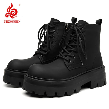 STRONGSHEN Men's High-Top Motorcycle Ankle Boots – Waterproof Split Leather, Fleece Lining, Platform Winter Boots