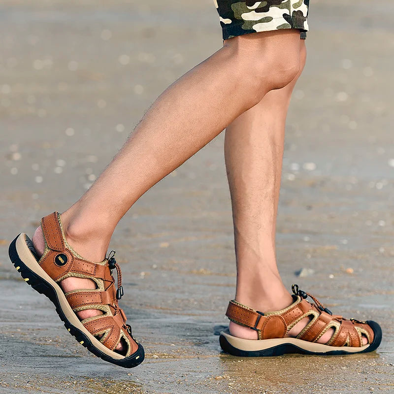 Summer Sandals Men's Baotou Beach Shoes Soft Soled Leather Anti Slip Outdoor Hollow Breathable Daily Casual Men's Shoes Slippers