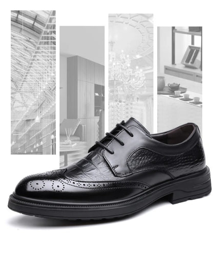 Men's Korean-Style Solid Cow Leather Brogue Shoes – Lace-Up, Height Increasing, Business Casual
