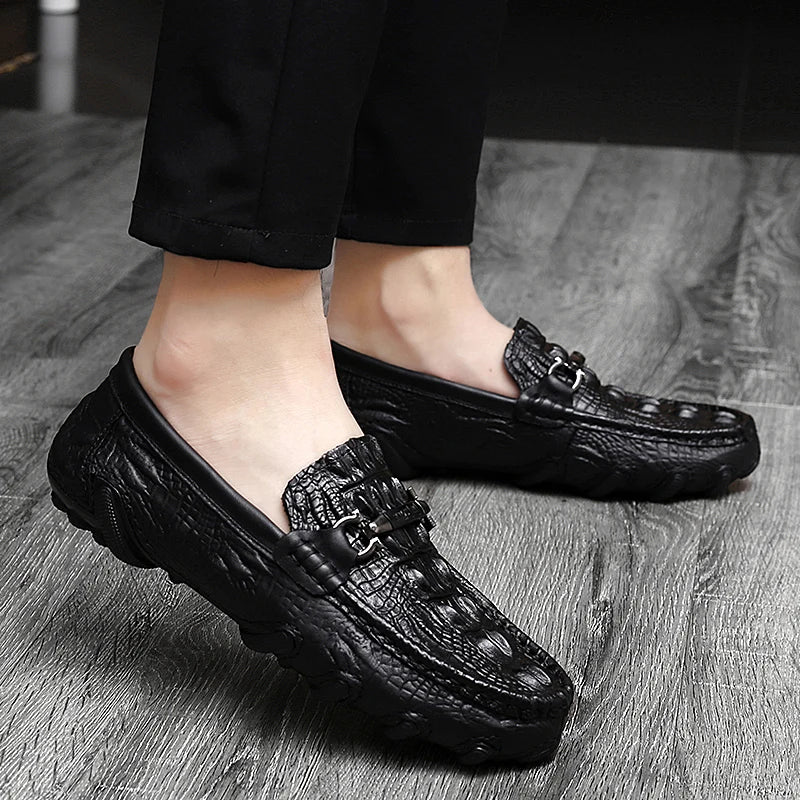 Luxury Genuine Leather Crocodile Style Loafers – Sheepskin Insole, Thick Bottom Driving Moccasins