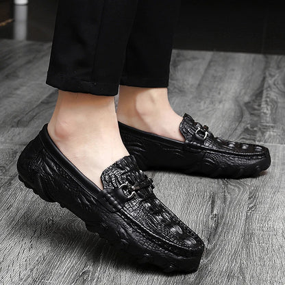 Luxury Genuine Leather Crocodile Style Loafers – Sheepskin Insole, Thick Bottom Driving Moccasins