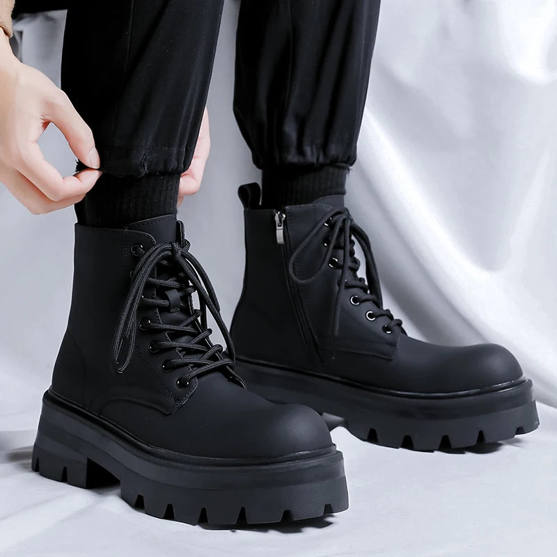 STRONGSHEN Men's High-Top Motorcycle Ankle Boots – Waterproof Split Leather, Fleece Lining, Platform Winter Boots