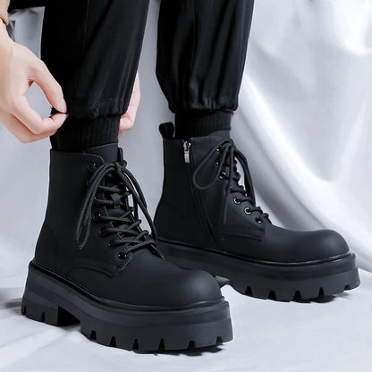 STRONGSHEN Men's High-Top Motorcycle Ankle Boots – Waterproof Split Leather, Fleece Lining, Platform Winter Boots