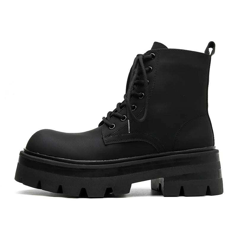 STRONGSHEN Men's High-Top Motorcycle Ankle Boots – Waterproof Split Leather, Fleece Lining, Platform Winter Boots