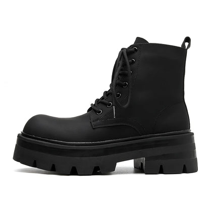 STRONGSHEN Men's High-Top Motorcycle Ankle Boots – Waterproof Split Leather, Fleece Lining, Platform Winter Boots