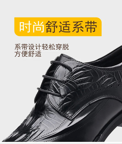COW LEATHER Men Business Brocade Carving Leather Shoes Pointed Handmade Crocodile Pattern Fashion Business Dress Leather Shoes