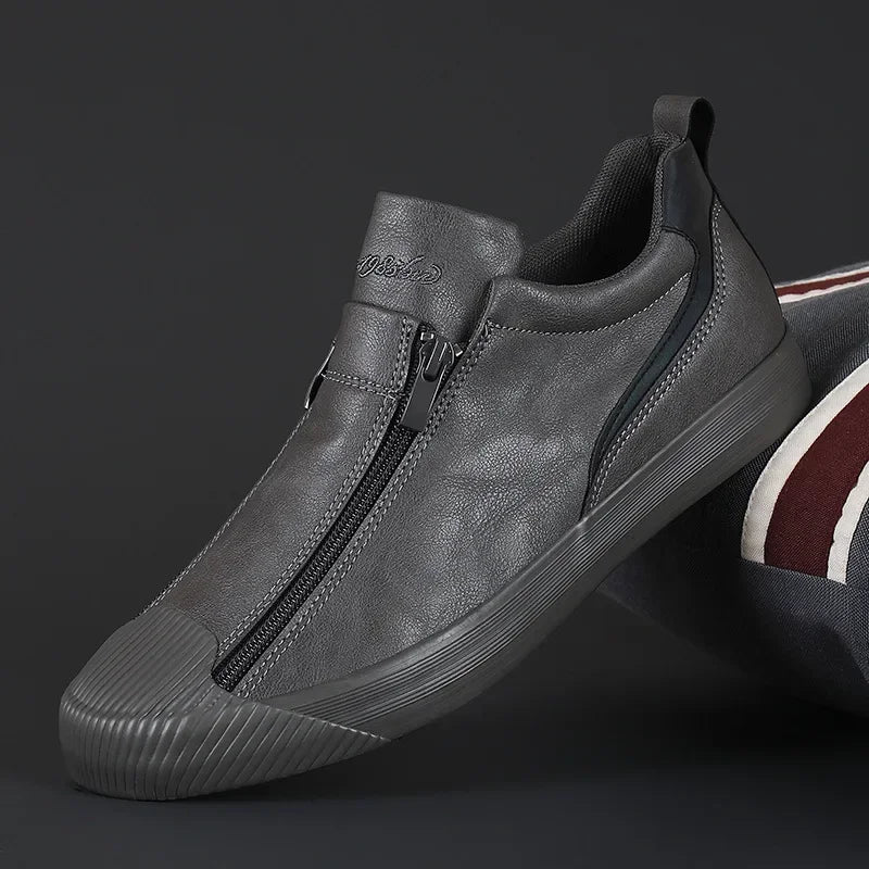 Men's Trendy PU Leather Soft Sole Casual Sneakers – Breathable, Height Increasing, Zip & Lace-Up