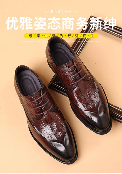 COW LEATHER Men Business Brocade Carving Leather Shoes Pointed Handmade Crocodile Pattern Fashion Business Dress Leather Shoes