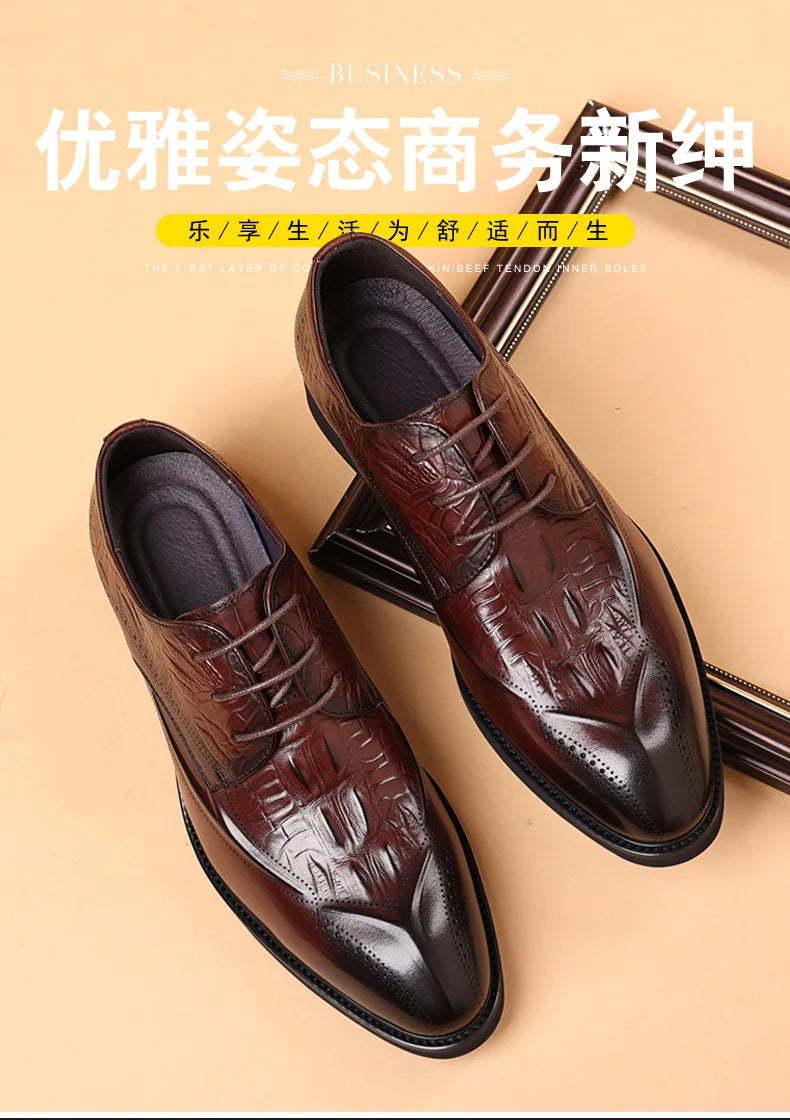 Men's Genuine Cow Leather Derby Shoes – Crocodile Pattern, Pointed Toe