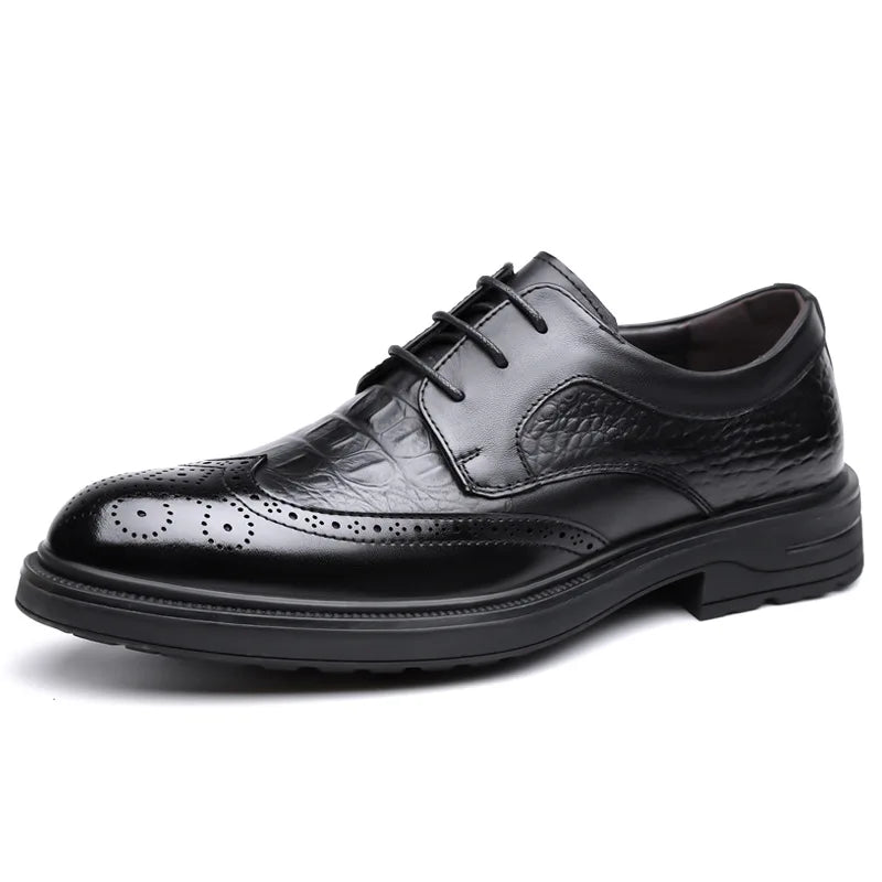 Men's Korean-Style Solid Cow Leather Brogue Shoes – Lace-Up, Height Increasing, Business Casual