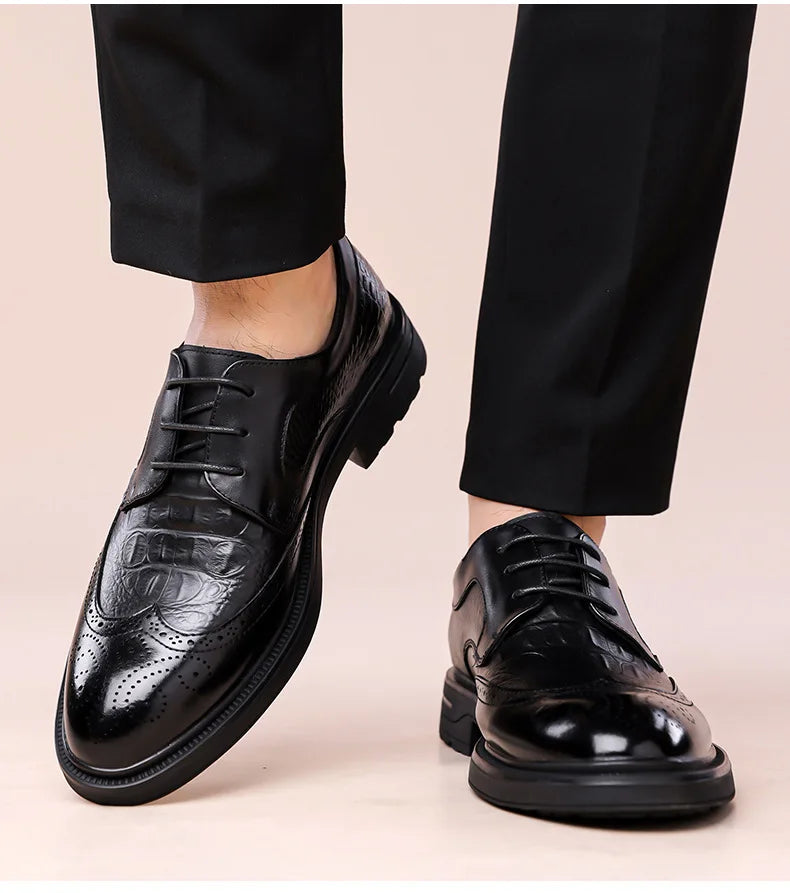 Men's Korean-Style Solid Cow Leather Brogue Shoes – Lace-Up, Height Increasing, Business Casual