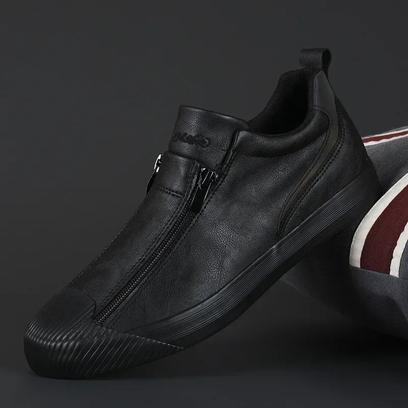 Men's Trendy PU Leather Soft Sole Casual Sneakers – Breathable, Height Increasing, Zip & Lace-Up