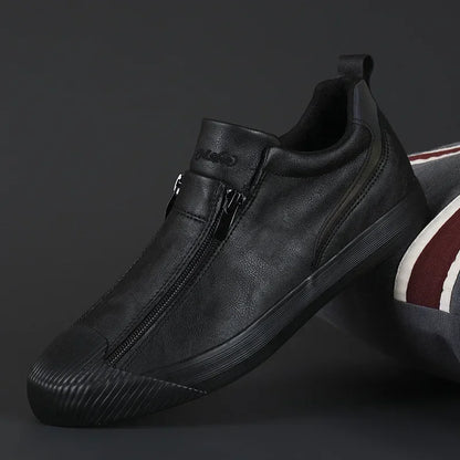 Men's Trendy PU Leather Soft Sole Casual Sneakers – Breathable, Height Increasing, Zip & Lace-Up