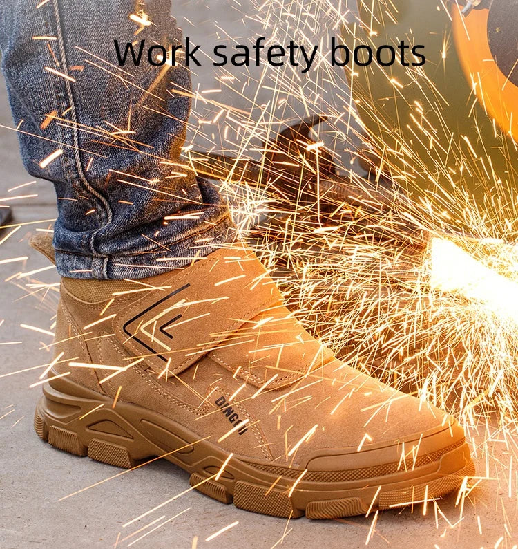 Men's Steel Toe Safety Boots – Cow Suede Leather, Platform, Hook & Loop Work Ankle Boots