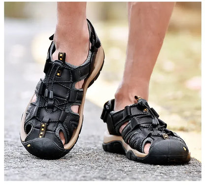 Summer Sandals Men's Baotou Beach Shoes Soft Soled Leather Anti Slip Outdoor Hollow Breathable Daily Casual Men's Shoes Slippers