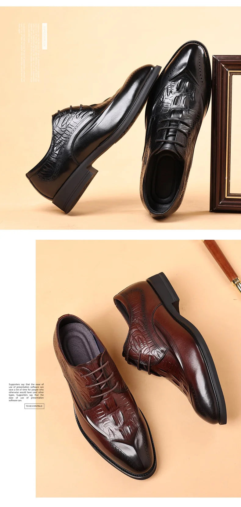 COW LEATHER Men Business Brocade Carving Leather Shoes Pointed Handmade Crocodile Pattern Fashion Business Dress Leather Shoes