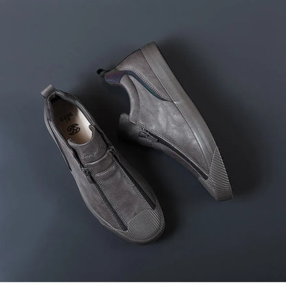 Men's Trendy PU Leather Soft Sole Casual Sneakers – Breathable, Height Increasing, Zip & Lace-Up
