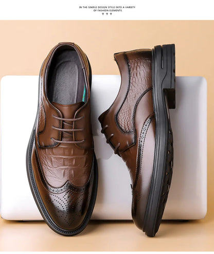 Men's Korean-Style Solid Cow Leather Brogue Shoes – Lace-Up, Height Increasing, Business Casual