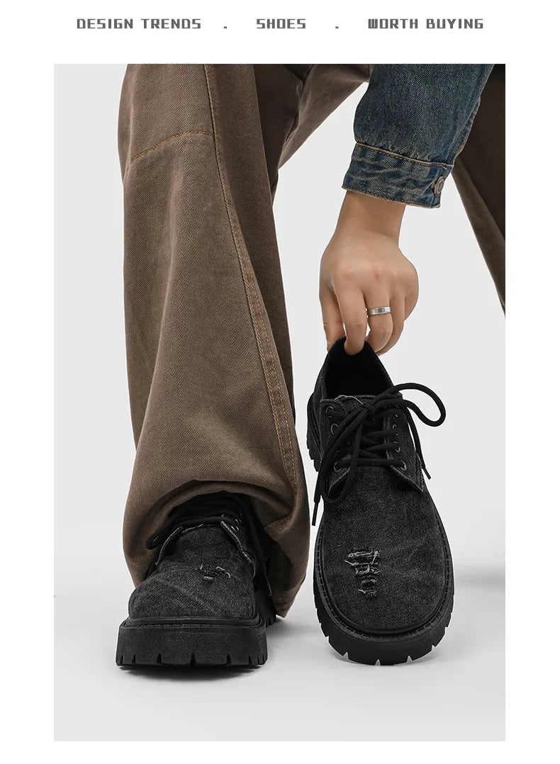 Men's Distressed Denim Derby Platform Boots – Chunky Grunge, Height Increasing, Streetwear Footwear