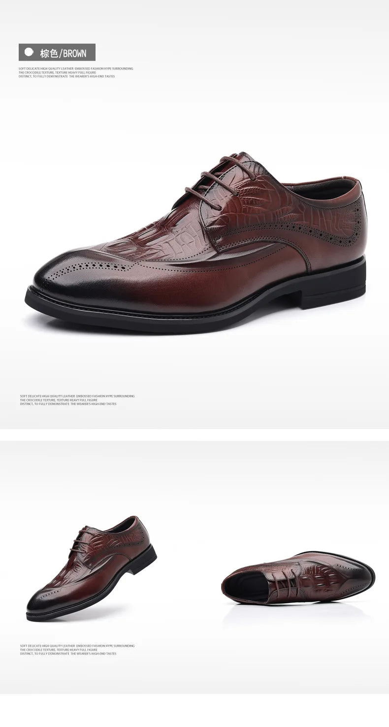 COW LEATHER Men Business Brocade Carving Leather Shoes Pointed Handmade Crocodile Pattern Fashion Business Dress Leather Shoes