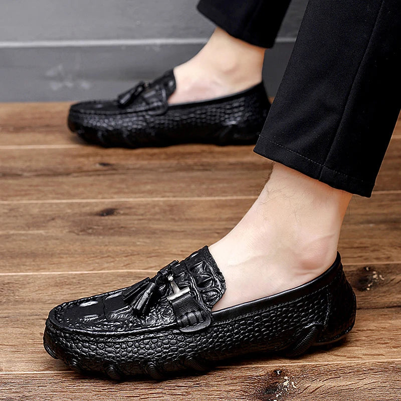 Luxury Genuine Leather Crocodile Style Loafers – Sheepskin Insole, Thick Bottom Driving Moccasins