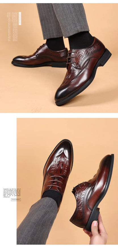 COW LEATHER Men Business Brocade Carving Leather Shoes Pointed Handmade Crocodile Pattern Fashion Business Dress Leather Shoes