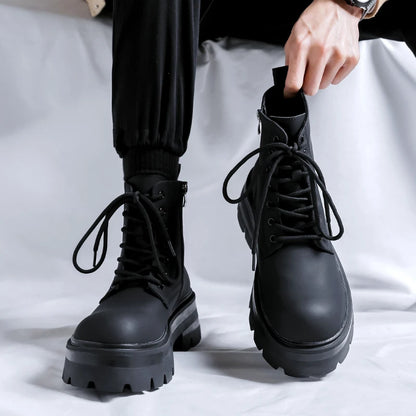 STRONGSHEN Men's High-Top Motorcycle Ankle Boots – Waterproof Split Leather, Fleece Lining, Platform Winter Boots