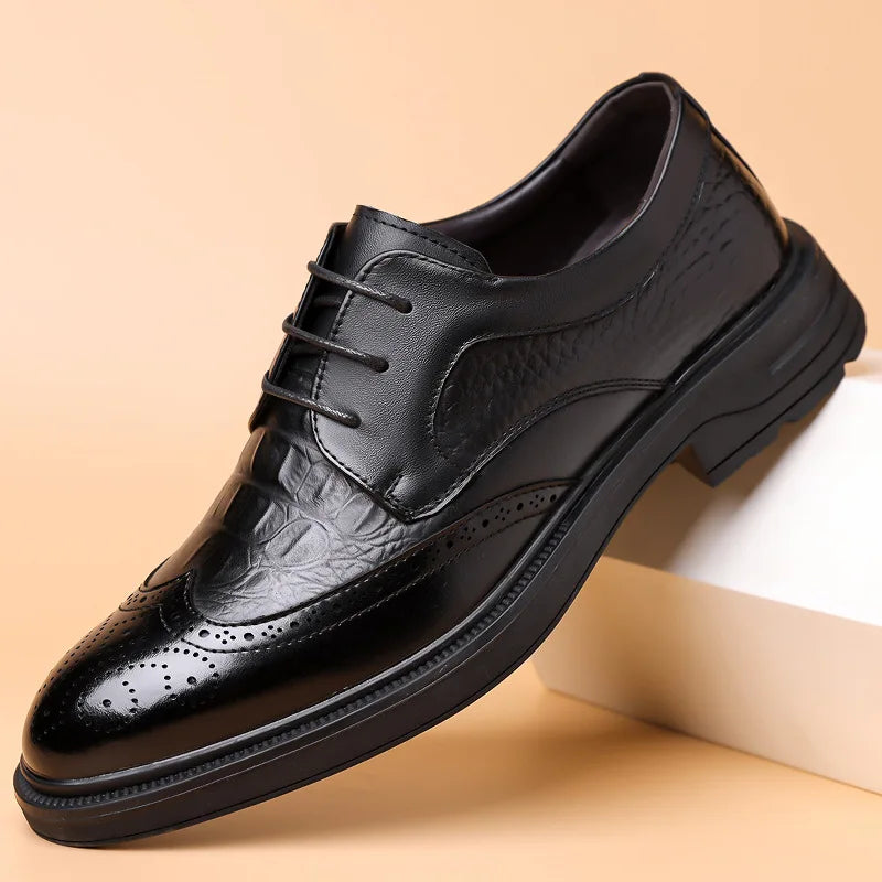 Men's Korean-Style Solid Cow Leather Brogue Shoes – Lace-Up, Height Increasing, Business Casual