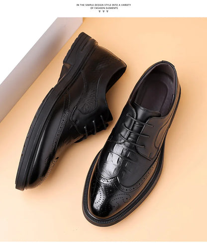 Men's Korean-Style Solid Cow Leather Brogue Shoes – Lace-Up, Height Increasing, Business Casual