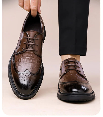 Men's Korean-Style Solid Cow Leather Brogue Shoes – Lace-Up, Height Increasing, Business Casual