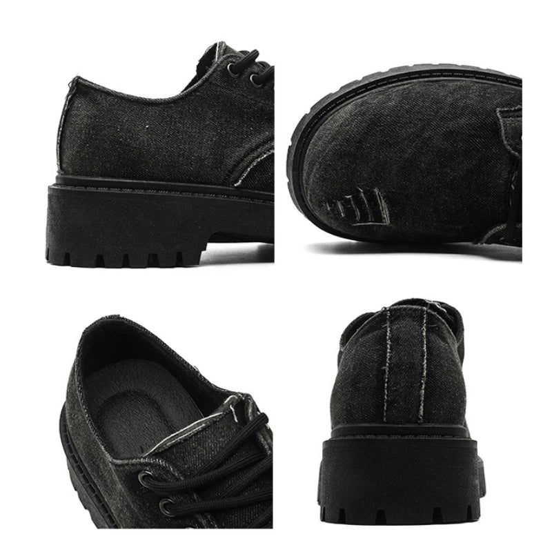 Men's Distressed Denim Derby Platform Boots – Chunky Grunge, Height Increasing, Streetwear Footwear