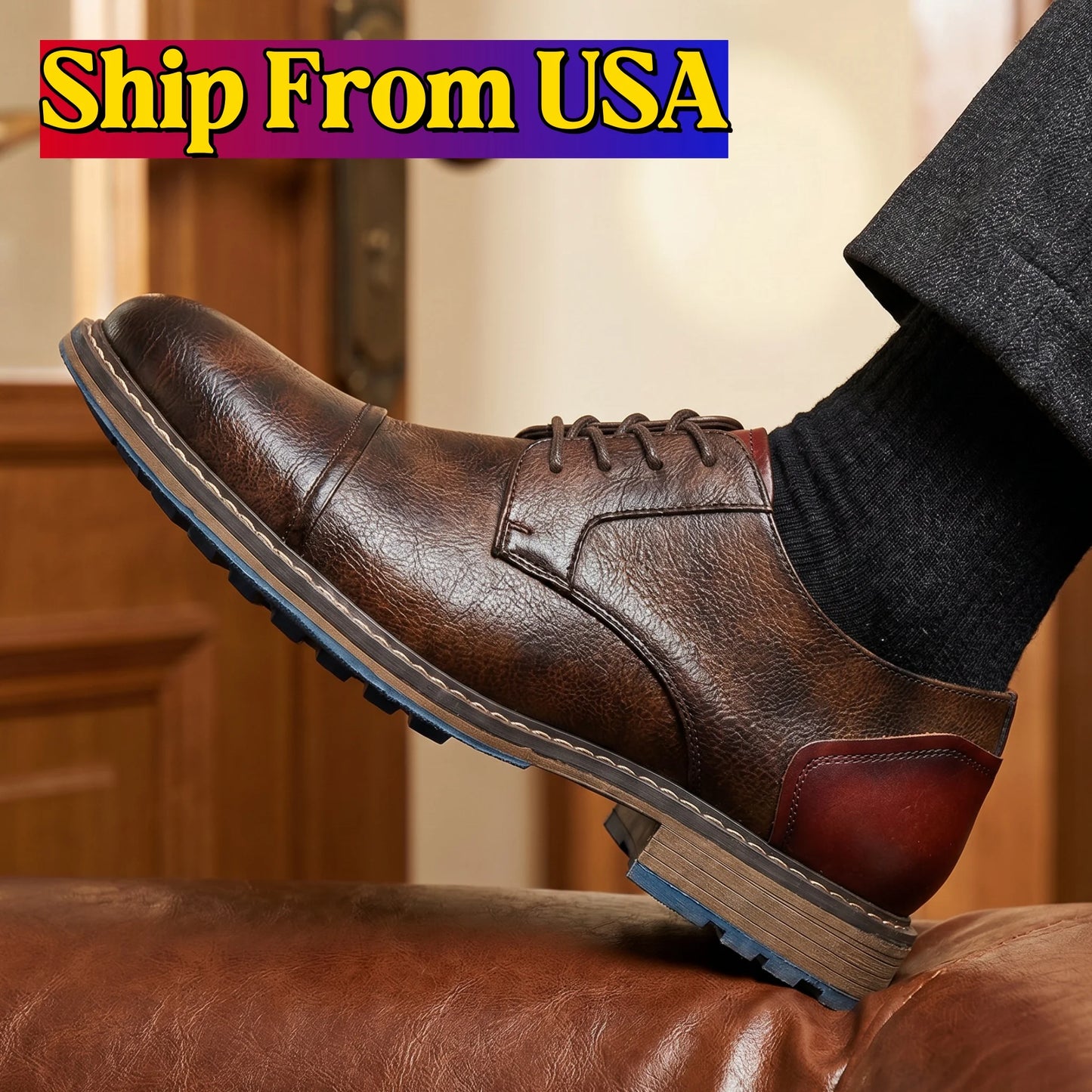 Men's Retro Cap Toe Oxford Derby Leather Shoes – Breathable, Height Increasing, Casual Fashion