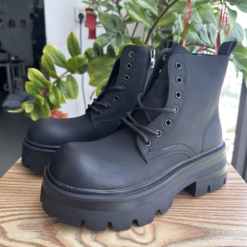 STRONGSHEN Men's High-Top Motorcycle Ankle Boots – Waterproof Split Leather, Fleece Lining, Platform Winter Boots