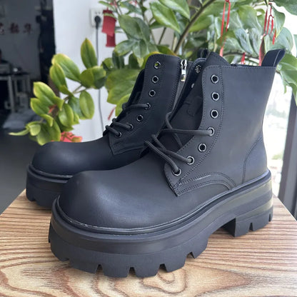 STRONGSHEN Men's High-Top Motorcycle Ankle Boots – Waterproof Split Leather, Fleece Lining, Platform Winter Boots
