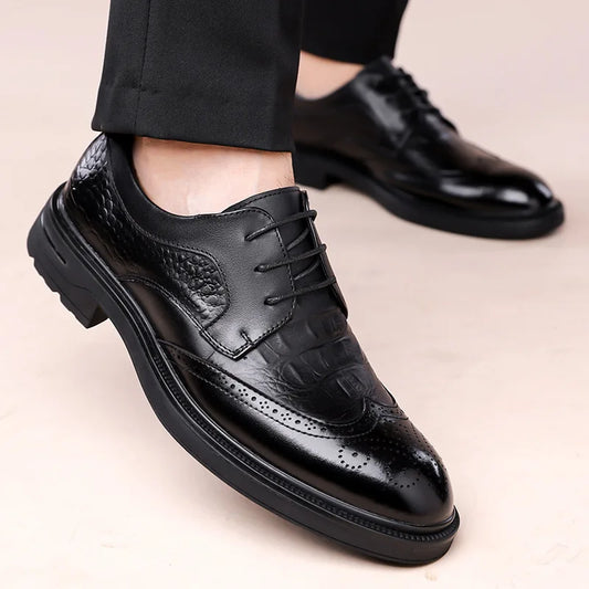 Men's Korean-Style Solid Cow Leather Brogue Shoes – Lace-Up, Height Increasing, Business Casual
