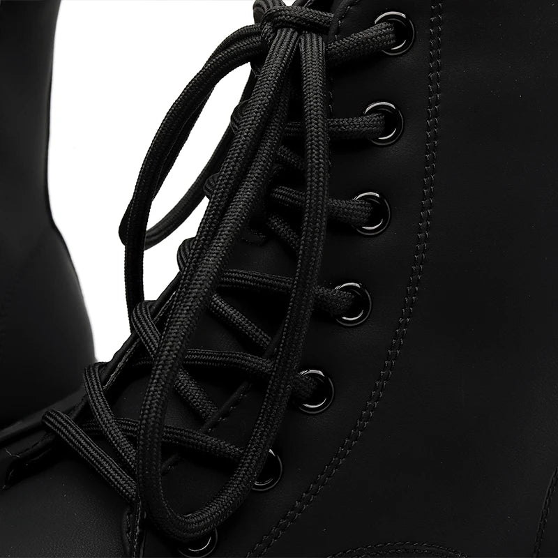 STRONGSHEN Men's High-Top Motorcycle Ankle Boots – Waterproof Split Leather, Fleece Lining, Platform Winter Boots