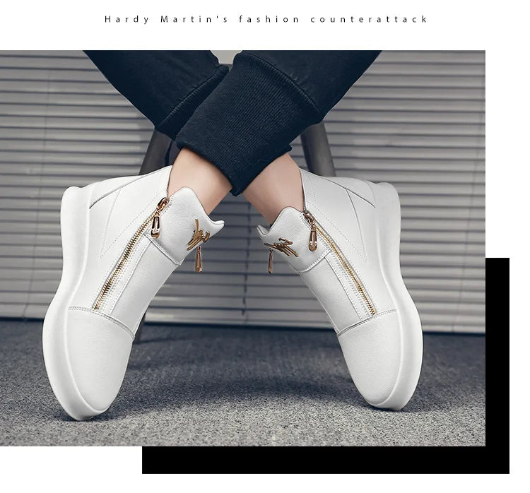 Men's High Top Zip Ankle Boots – Skateboard Style, Height Increasing, Korean Fashion Shoes