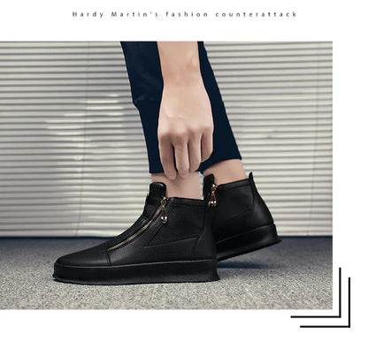 Men's High Top Zip Ankle Boots – Skateboard Style, Height Increasing, Korean Fashion Shoes